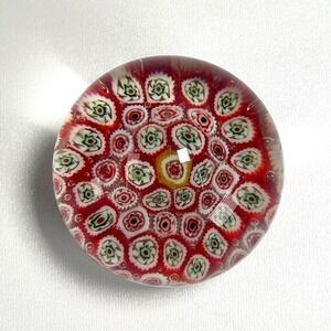 Vintage Murano Millefiori Glass Paperweight Red White Art Deco Office MCM